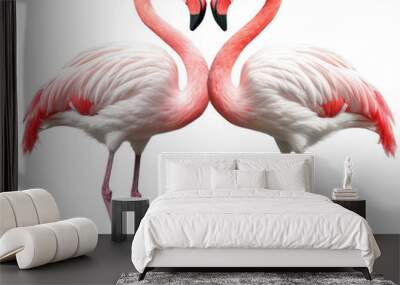 Two flamingo birds forming a heart with their necks isolated on white background as transparent PNG, generative AI animal Wall mural