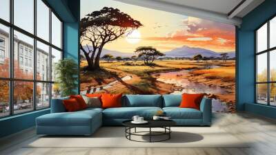 Watercolour illustration of an african landscape of the savanna, artistic modern and simple background Wall mural