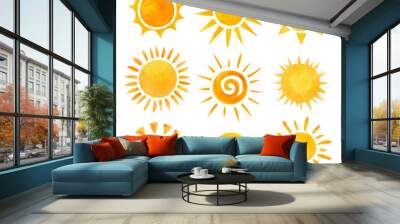 Set of cartoon sun isolated on white made in watercolor hand drawn style Wall mural