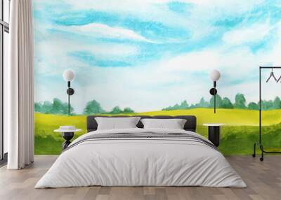 watercolor abstract landscape with clouds on blue sky and green grass. hand painted background Wall mural