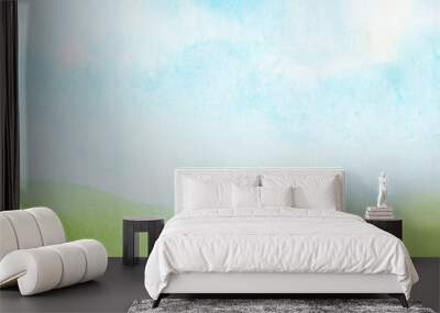 watercolor abstract sky, clouds and green grass background Wall mural