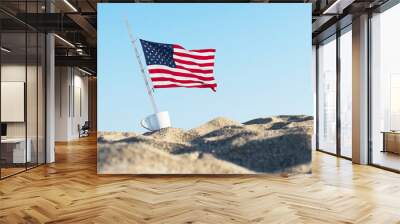 American flag in the sand against a blue  sky in the cup of coffee. Concept
 Wall mural