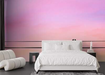 Two birds on a wire or electric line on the sunset sky background. Minimal. Family Concept Wall mural