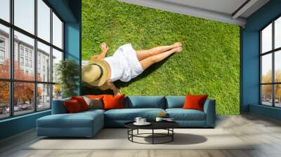 Woman in a white dress, hat  sitting on the green grass under tree. Top view, drone, aerial view Wall mural