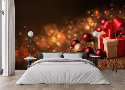 Abstract Christmas Banner  -  Gift box with red bow and baubles on wood  -  Magic dark golden bokeh lights background Wall mural