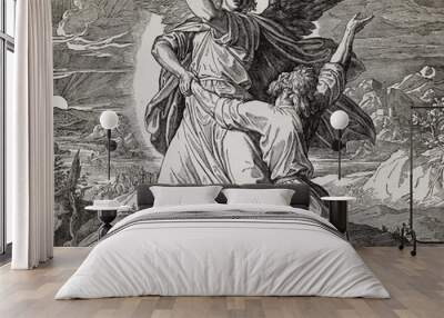 Jacob wrestling with the angel of god, graphic collage from engraving of Nazareene School, published in The Holy Bible, St.Vojtech Publishing, Trnava, Slovakia, 1937. Wall mural