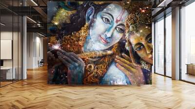 Krishna and Radha, beautiful hindu divine couple, painting collage. Wall mural