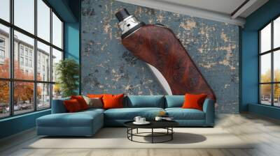 high end rebuildable dripping atomizer with stabilized natural redwood burl regulated box mods on an old paint wood texture background, vaping device, selective focus Wall mural