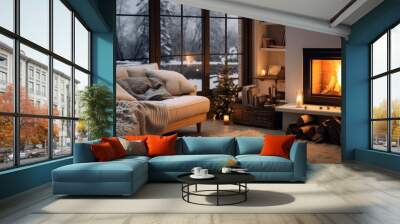  Cozy living room winter interior with fireplace Wall mural