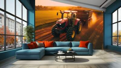 Agricultural vehicle works at sunset in countryside. Generative AI Wall mural