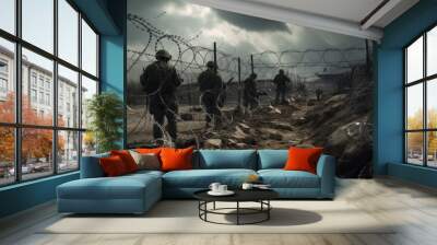 Razor Wire and Soldiers Wall mural