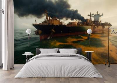 Ship burning and oil leak from ship. Generative AI Wall mural