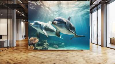 Two dolphins in underwater wild world Wall mural