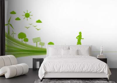 a man running for leading the green city for go green, environmentally saving and eco friendly conce Wall mural