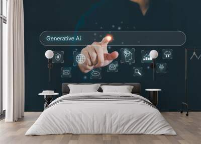 Concept of artificial intelligence (AI) and futuristic digital technology. Man using application to generative AI contents, story, images. Chat with smart robot AI and command prompt input on website Wall mural