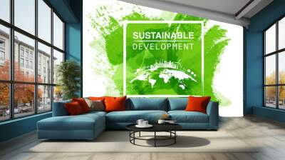 Sustainable development logo with green watercolor paint background, Vector illustration Wall mural