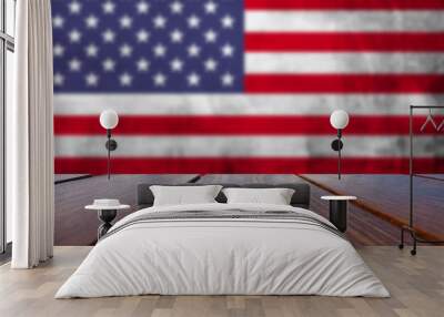 Wood Table Top Background and grunge USA flag on concrete wall. Wall mural