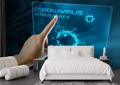 a woman's finger click information on the corona virus on a digital screen Wall mural