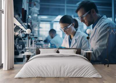 a young woman and man are working in a research laboratory. AI generative Wall mural