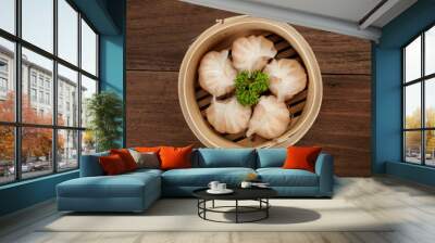 Chinese dumpling in a bamboo steamer box Wall mural