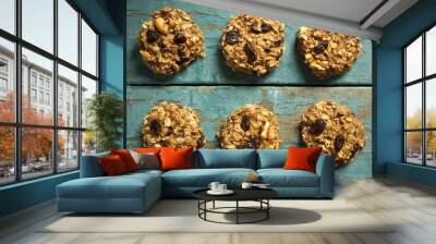 Home made cereal cookies on a blue wooden background Wall mural