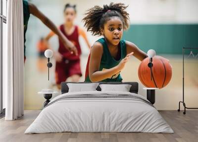 Black girl basketball player on the court during a game wearing a red uniform. Sport, game, basket, sporty, competition, desire to win, AI. Wall mural