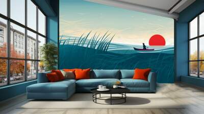 Illustration d'une personne navigant dans une barque, sur un fleuve. Plantes, nature. Couleurs rouge et bleu. Paysage, eau. Pour conception et création graphique. Wall mural