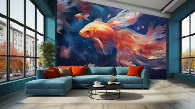 Illustration de poissons. Animal, océan et mer. Poisson coloré, fond marin. Écaille, nageoire, branchie. Fond pour conception et création graphique.  Wall mural