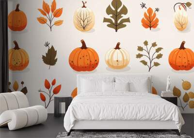 Set d'illustration de citrouilles et feuilles d'automne. Illustration automnal. Décoration pour Halloween. Période Septembre, Octobre, Novembre. Pour conception et création graphique. Wall mural