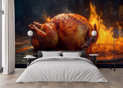 Un poulet rôti au four. Gros plan sur la viande avec fond de flammes. Alimentation, fast food, nourriture. Pour conception et création graphique. Wall mural