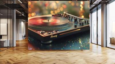 DJ turntable with colorful bokeh lights in the background, creating a festive atmosphere Wall mural