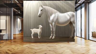 Elegant white horse standing next to a playful baby goat in a sunlit barn setting Wall mural