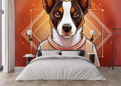 Stylized dog portrait with geometric patterns wearing a shirt on a vibrant orange background Wall mural