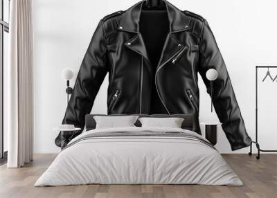 A black leather motorcycle jacket isolated on a white background Wall mural