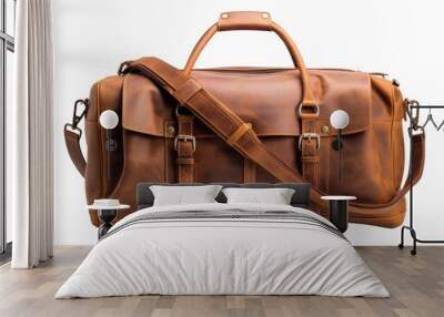 A brown leather duffel bag sits elegantly on a white background Wall mural