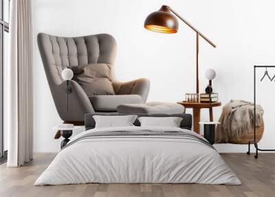 A cozy living room featuring a stylish chair, accompanying ottoman, and a glowing lamp Wall mural