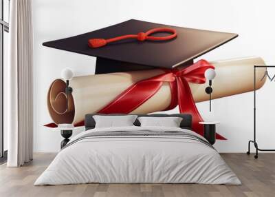 A graduation cap rests atop a rolled-up diploma Wall mural