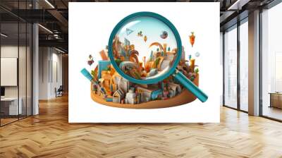 A magnifying glass revealing a plethora of miscellaneous objects and trinkets within its lens Wall mural