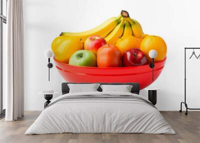 A vibrant red bowl overflows with a colorful variety of fresh fruit on transparent background Wall mural