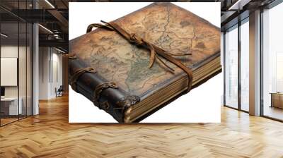 A weathered old book featuring a detailed map on its cover, showcasing a world of exploration and mystery Wall mural