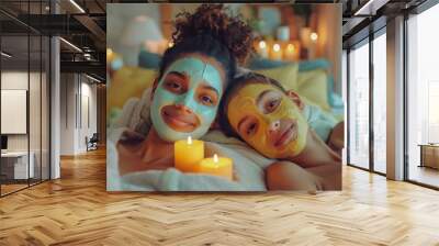 Two Women Relaxing On A Bed With Face Masks And Candles Wall mural