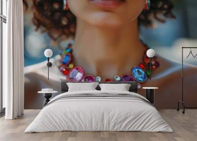 Woman Wearing a Multicolored Gemstone Necklace Wall mural