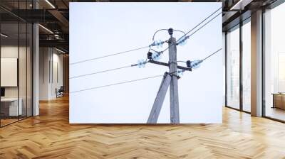 An electric pole with emergency wires on the background of a cloudy winter sky. Wall mural