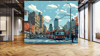 An illustration of a bustling city street in a comic book style, Generative AI Wall mural