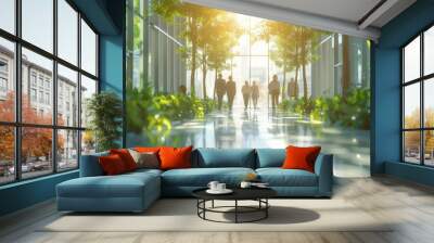 Blurred background of people walking in a modern office building with green trees and sunlight , eco friendly and ecological responsible business concept image with copy, Generative AI Wall mural