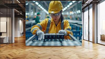 Chinese engineer working on EV car battery cells module in a electric vehicle factory, Generative AI Wall mural