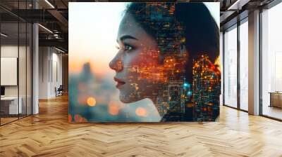 Double exposure of woman with city and data Face of futuristic and Innovative technology concept, Generative AI Wall mural