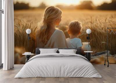 family picnic in nature on a family picnic in nature on a summer evening. mother and son eat bread, drink milk from a ceramic jug in a wheat field, Generative AI Wall mural