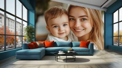 happy family mom and son smile in the arms, Generative AI Wall mural