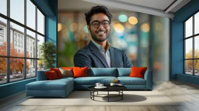 happy smiling Indian business man leader looks away with confidence, standing in the office, smiling young professional businessman manager and executive from, Generative AI Wall mural